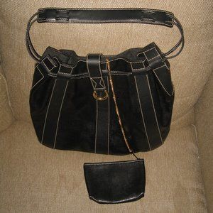 ❤️LANCEL PARIS Black Pebbled Drawstring Bucket Purse +Chain Pouch Wallet